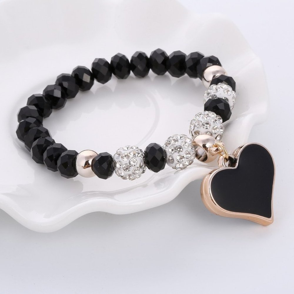 Bracelet- NEW- Stretch Black Heart with Beads - Picture 1 of 1